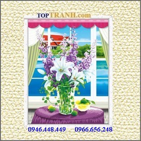 Tranh gắn đá bình hoa violet tím
